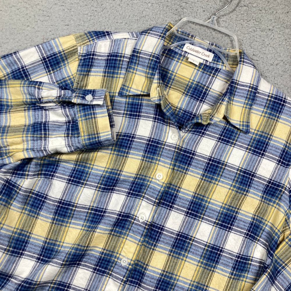 Coldwater Creek Button Up Shirt Women L Blue Butter Yellow Plaid Cotton Flannel